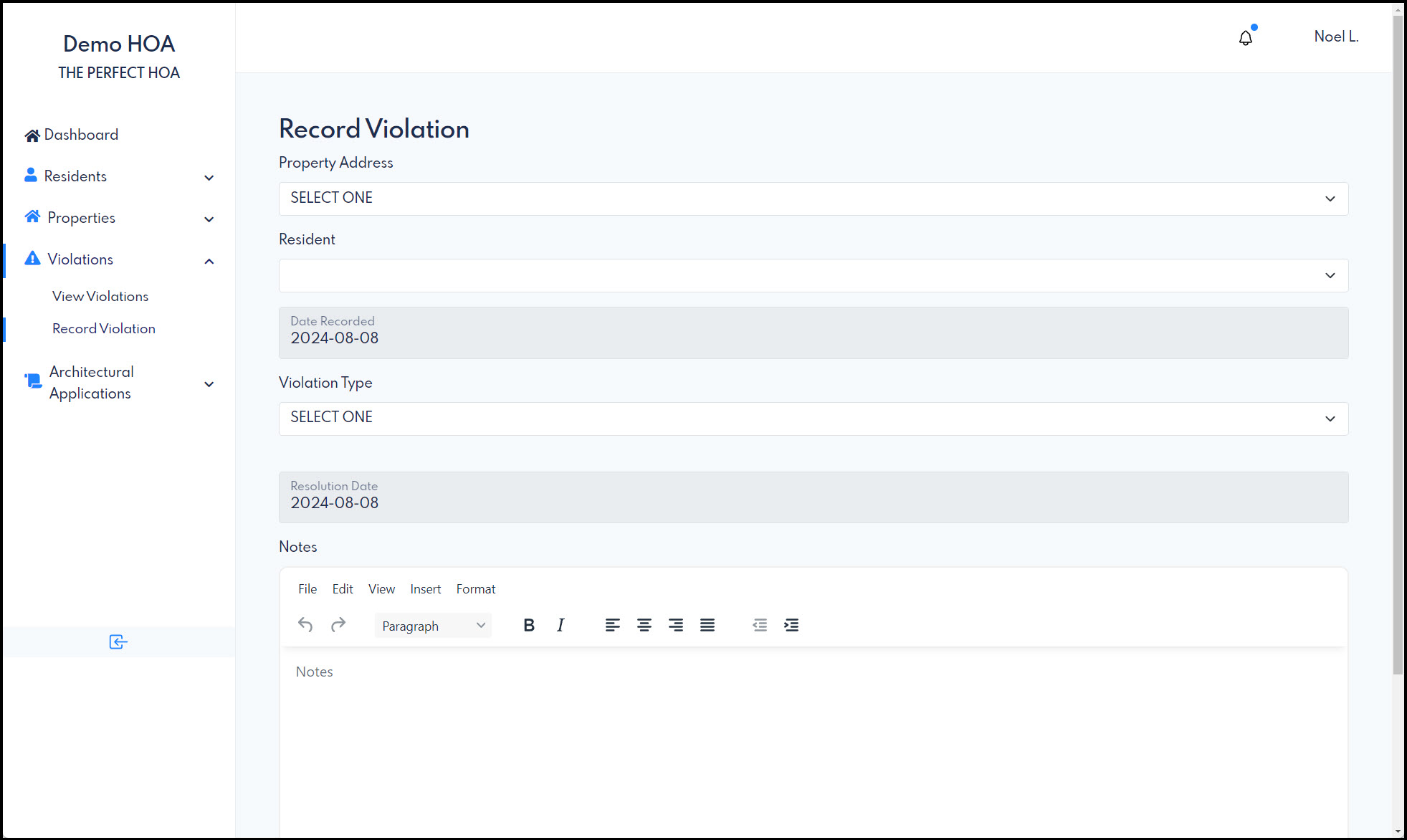 Violation Tracking Screenshot